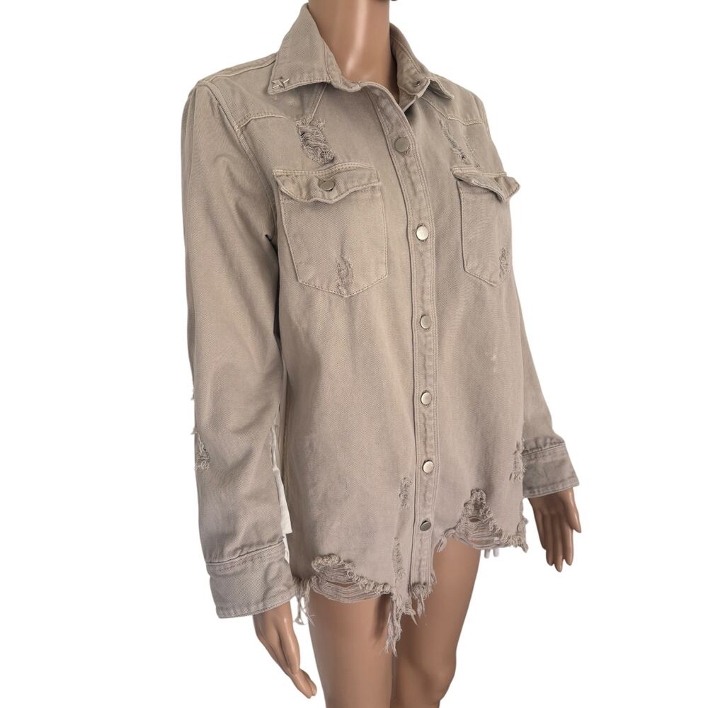 Upcycled Texas Americana Distressed Fringe Denim Shacket Jacket Western S Tan - Picture 8 of 12